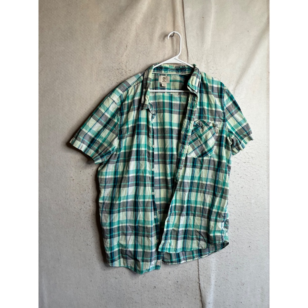 Timberland Mens XXL Slim Fit Plaid Button Up Shirt Green Teal Short Sleeve A1IIK